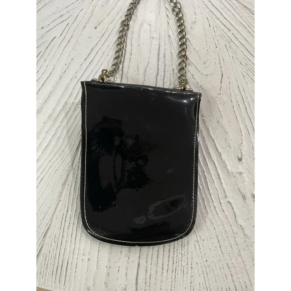 Vtg 1970s Retro Hippie Black Patent Leather Chain‎ Handle Hand Bag Small Purse